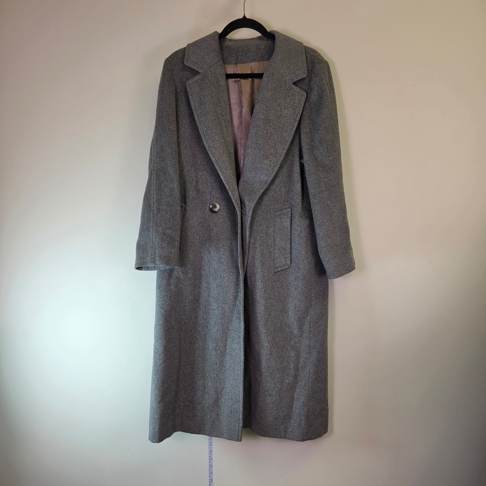 Vintage Gray Longline Wool Blend Overcoat Notched Lapel Single Button Coat